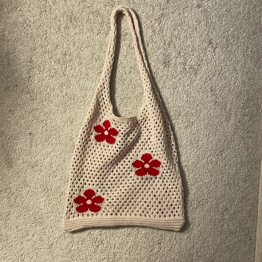 RED FLOWER CROCHET TOTE BAG
